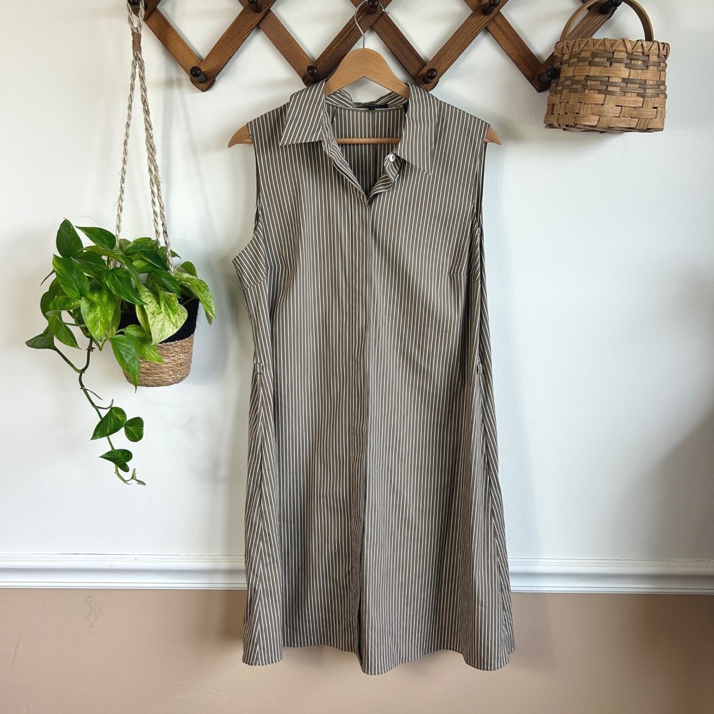 Theory Brown Pinstripe Sleeveless Poplin Shirt Dress Size 10 Hidden Placket